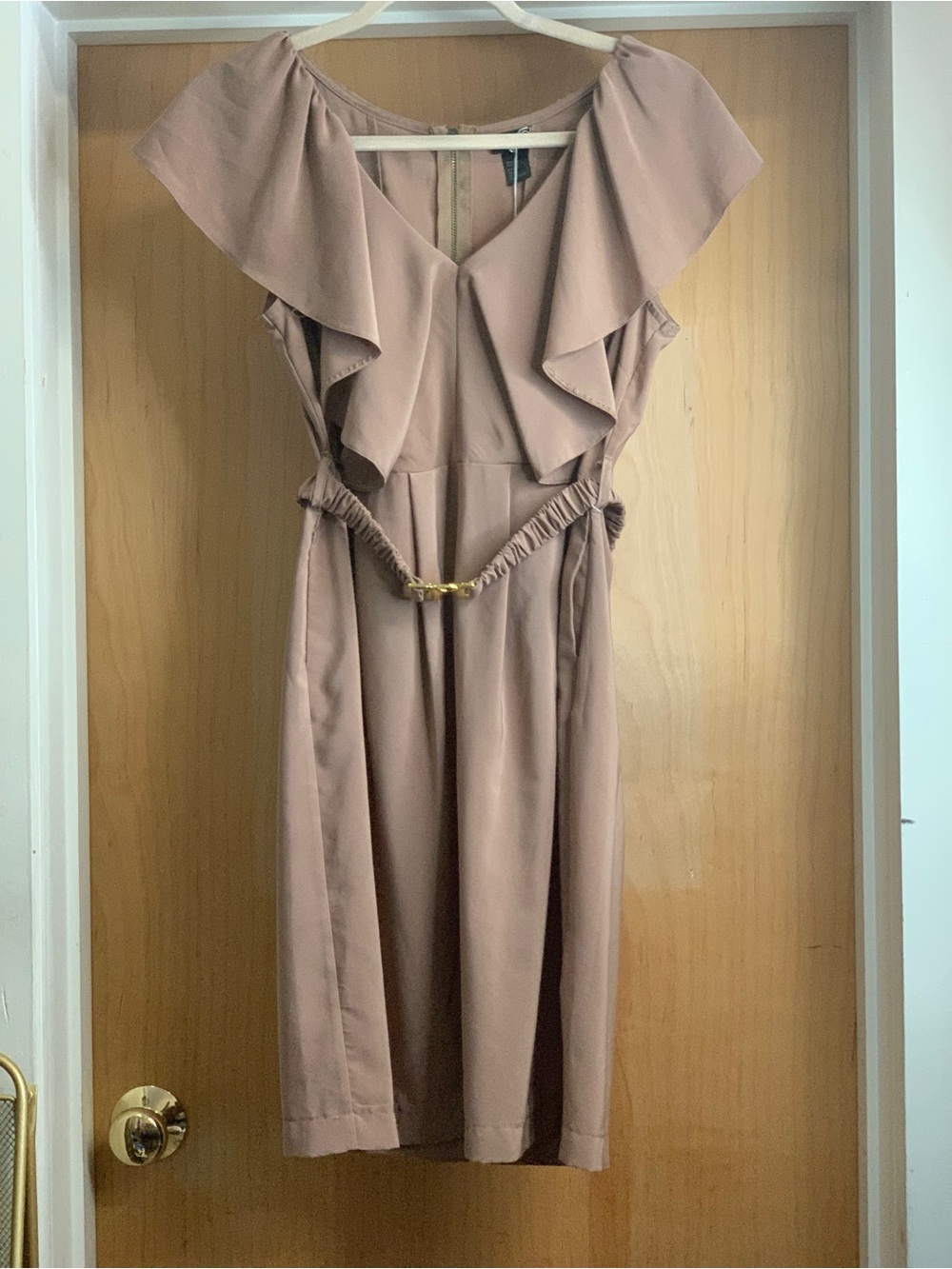 H&M Taupe Ruffle-Front Midi Dress with Gold Buckle Size-10 Romantic Minimalist
